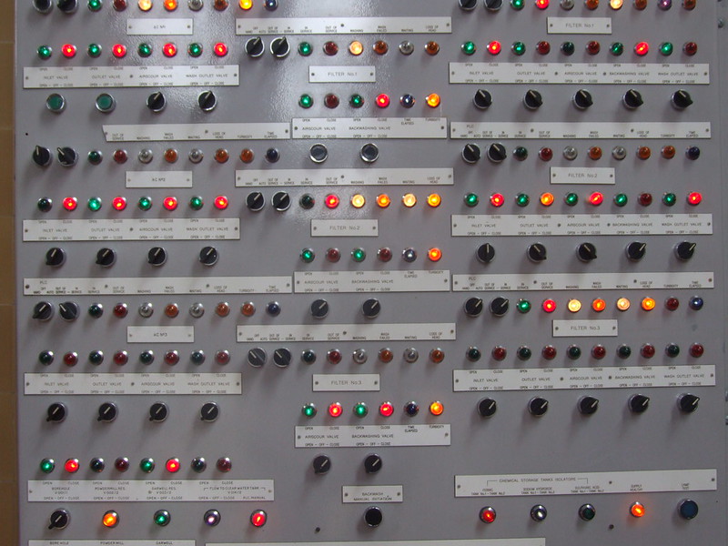 classic industrial control panel with many buttons and lights