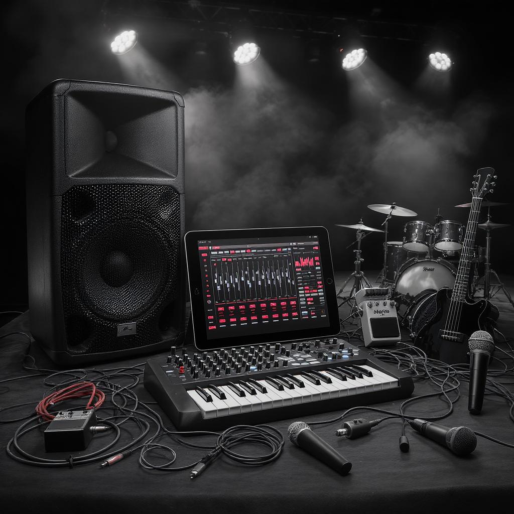 image of live music equipment such as keyboards, iPads, loudspeakers, drums, microphones, and guitars